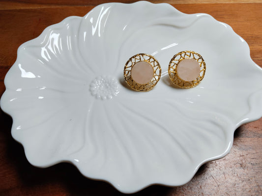 Rose Quartz Raw Stone Textured Gold Earrings