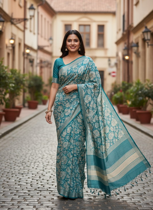 Light Blue Organic Linen Saree