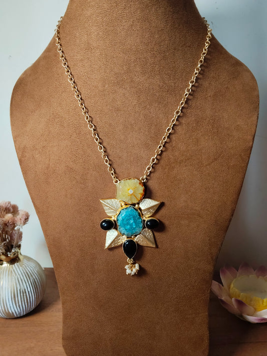 Blue & Yellow Agate Gold Tone Black Bead Necklace