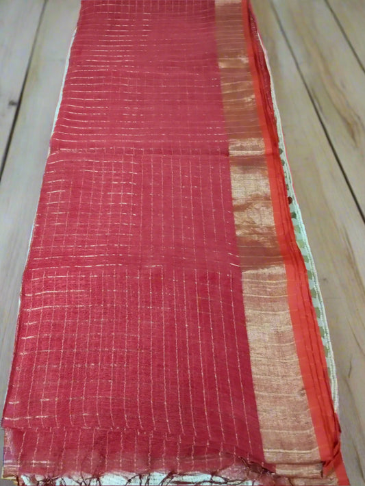 Deep Orange & Gold Handwoven Linen Silk Zari Saree