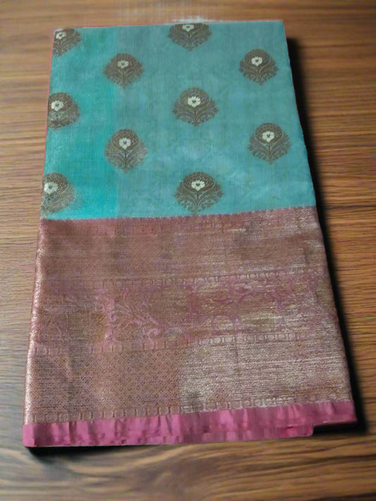 Green Handwoven Tissue Saree with Zari Buta