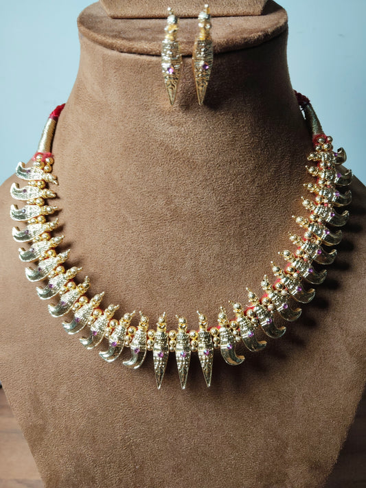 Pink Stone Studded Elephant Design Gold Necklace Set