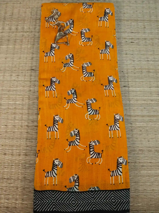Orange & Black Cotton Saree
