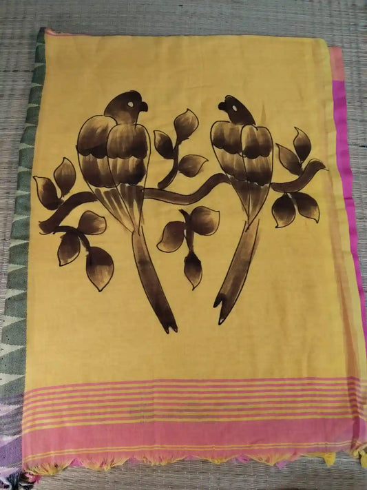Pink & Yellow Hand Painted Cotton Saree