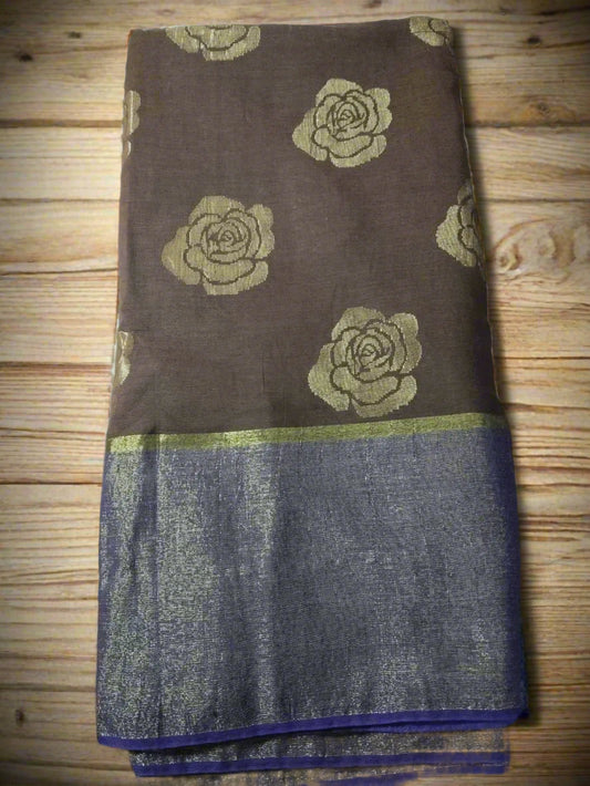 Brown & Purple Cotton Acrylic Saree with Floral Zari