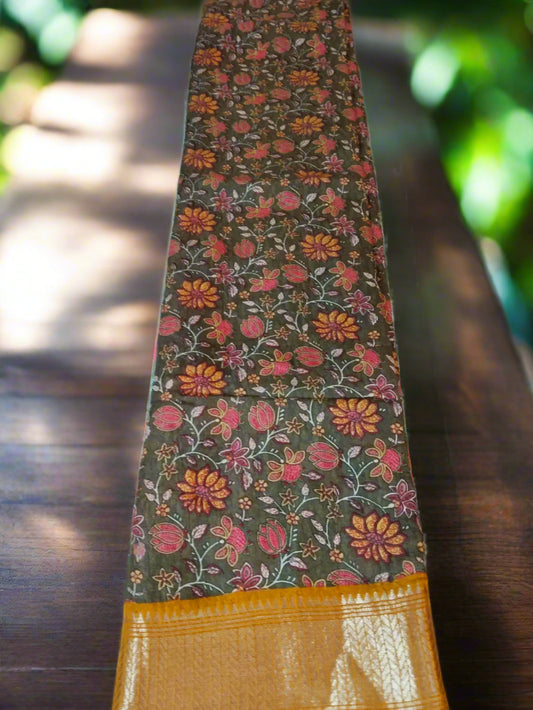 Grey & Mustard Cotton Silk Saree
