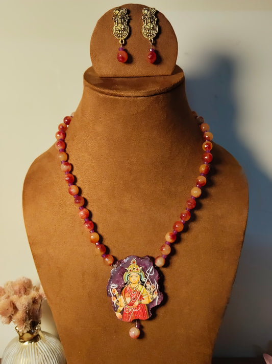 Goddess Shakthi Handpainted Agate Pendant with Red Yellow Purple Onyx Beads Necklace Set