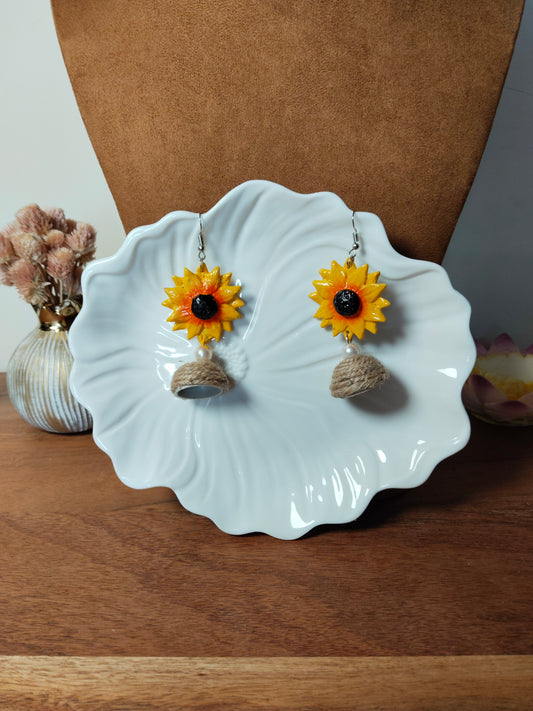 Yellow Clay Sunflower & Jute Handmade Earrings