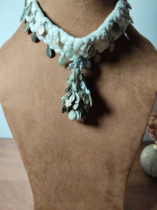 White Threaded German Silver Leaf Tribal Choker Necklace