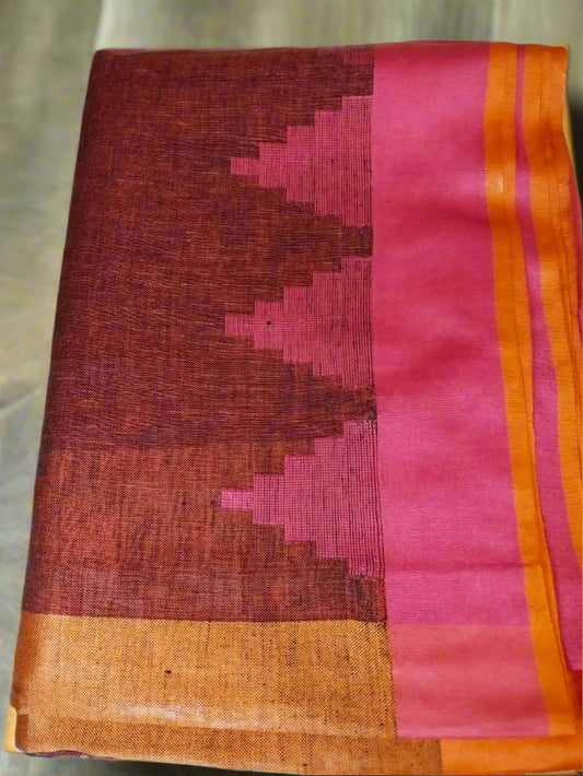 Maroon Handloom Linen Saree with Ganga Jamuna Border
