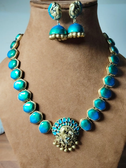 Peacock Green & Blue Clay Necklace Set