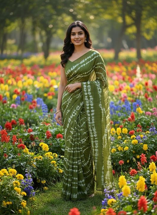Olive Green Mul Lehariya Saree