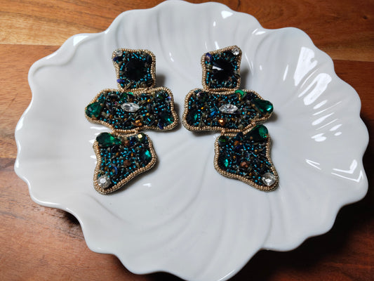 Green Beadwork on Fabric Designer Earrings