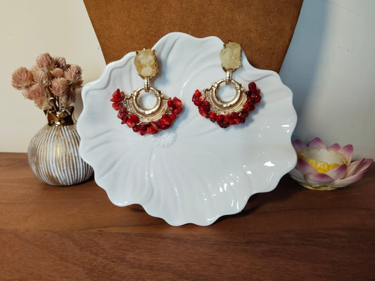 White Raw Stone & Red Beads Gold Earrings
