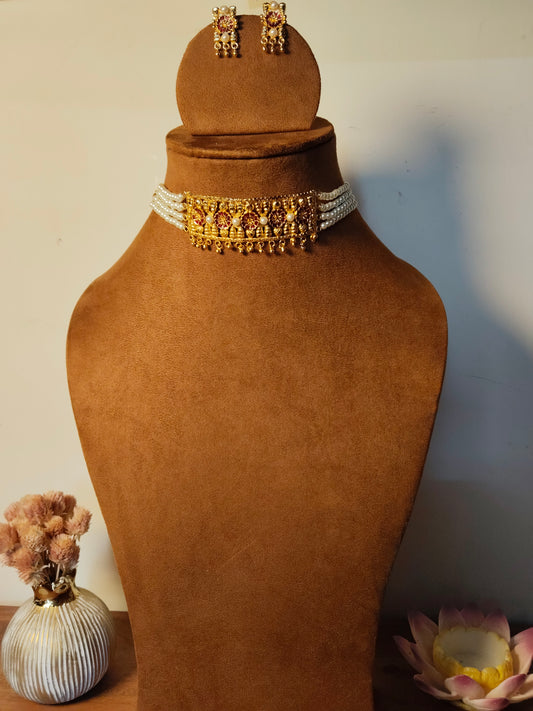 Pearl Beaded Gold Rectangular Design Choker Necklace Set