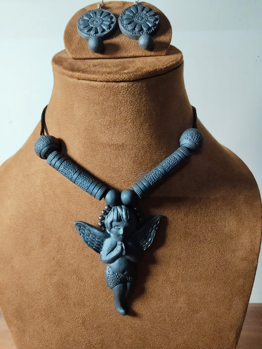 Black Terracota Handcrafted Angel Necklace Set