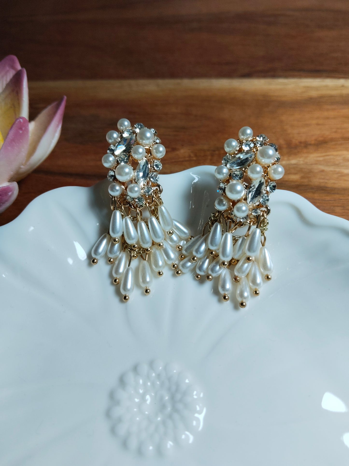 Pearls & Stones Studded Gold Plated Oval Earrings