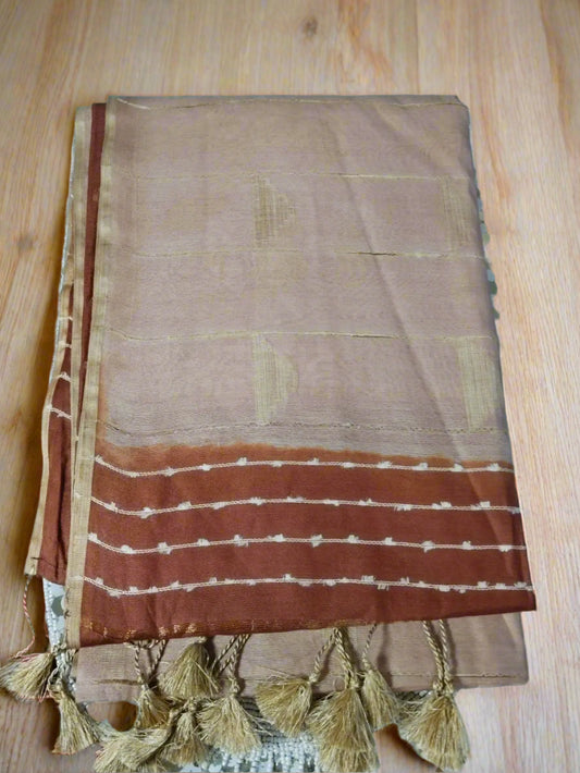Light Beige & Brown Cotton Silk Saree