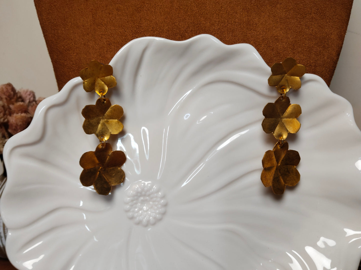 Dhokra Brass Tri Hexagon Earrings