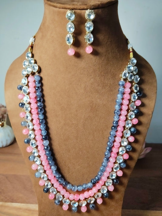 Ash & Pink Beaded Kundan Necklace Set