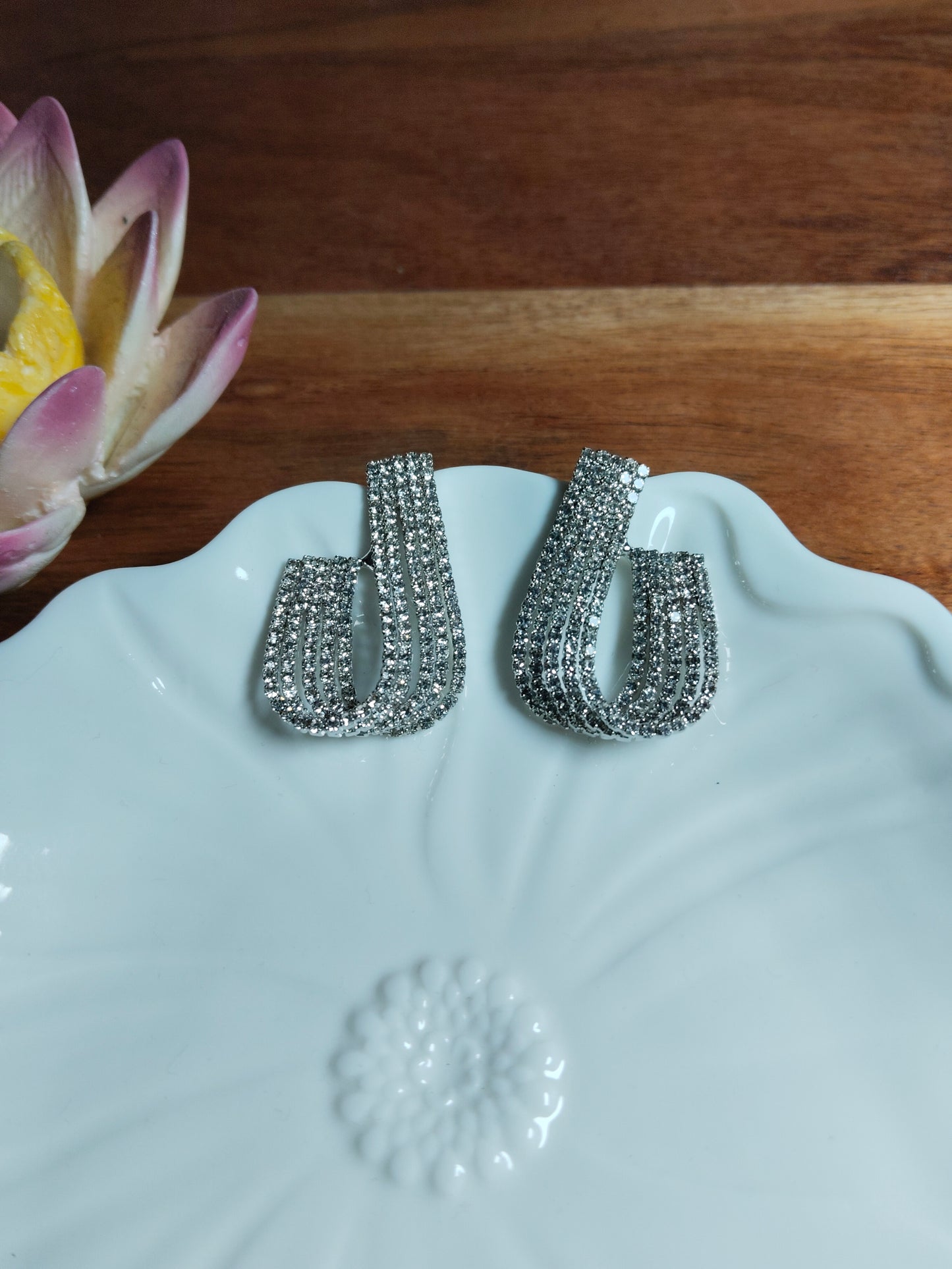 Rhodium Plated Crystal Studded Curved Studs