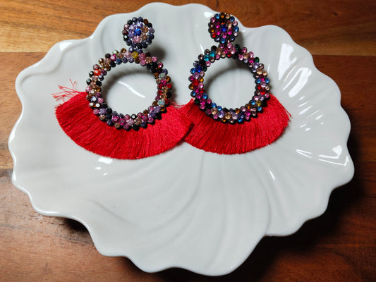 Red Studded & Tasseled Thread Earrings