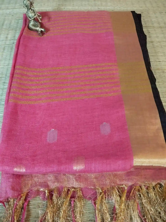 Pink Zari Linen Saree