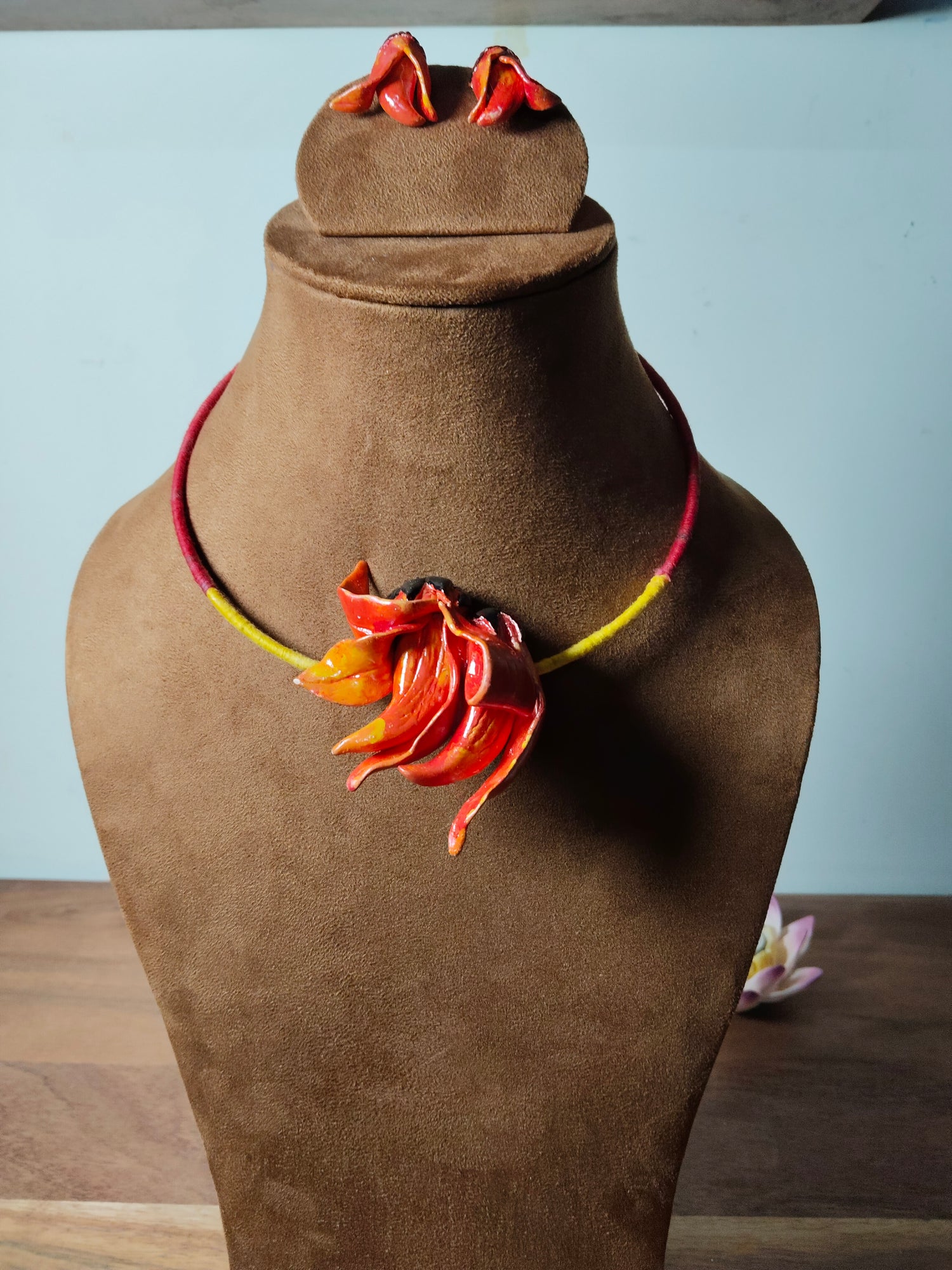 Orange Clay Flower Necklace Set