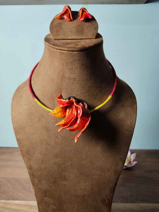 Orange Clay Flower Necklace Set