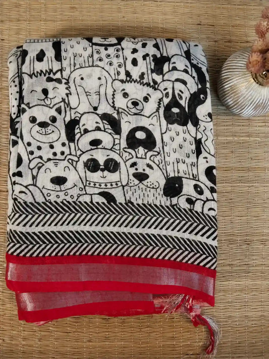 Black & White Cotton Pet Theme Saree