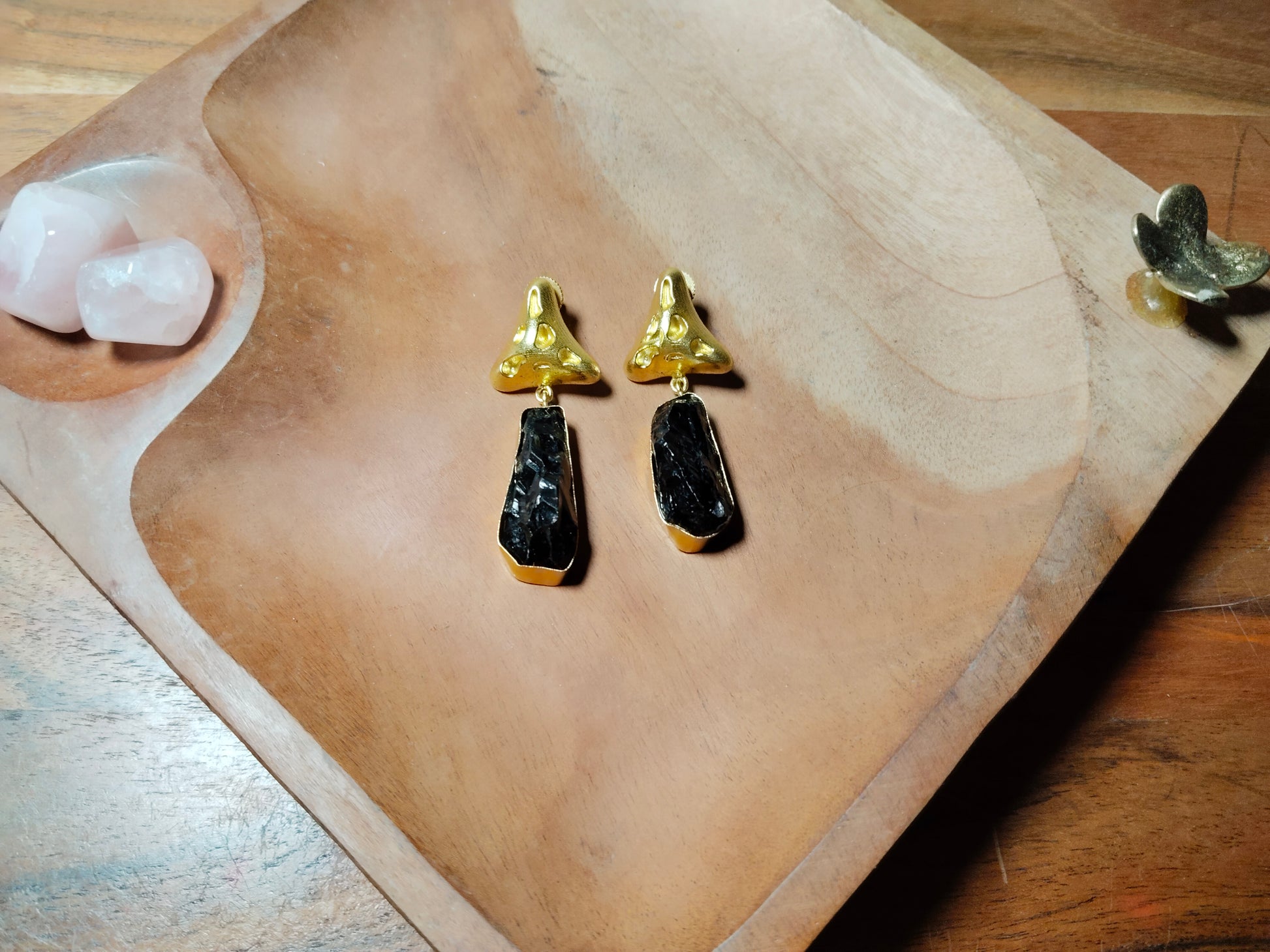 Black Dyed Raw Stone Gold Polished Earrings