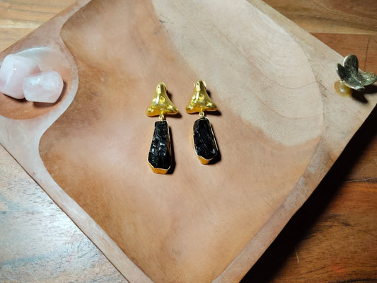 Black Dyed Raw Stone Gold Polished Earrings