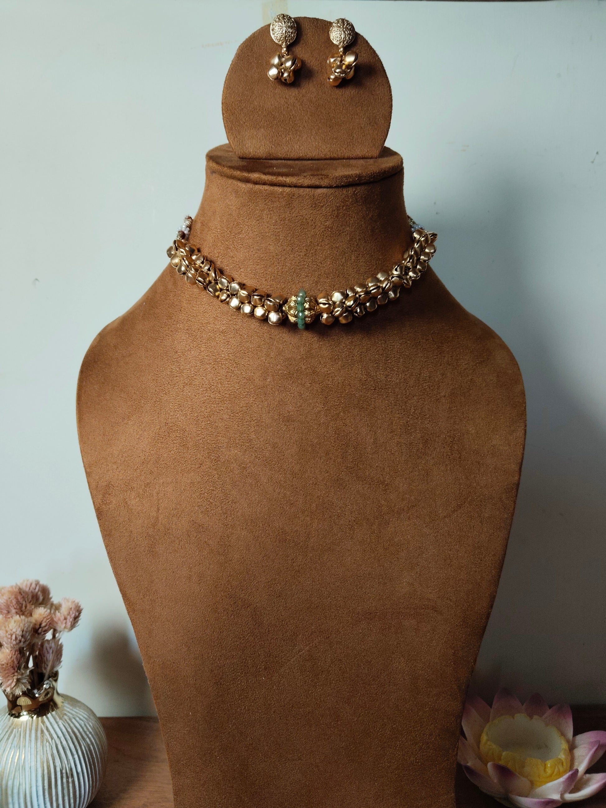 Sea Green Beads & Ghungroo Gold Tone Necklace Set