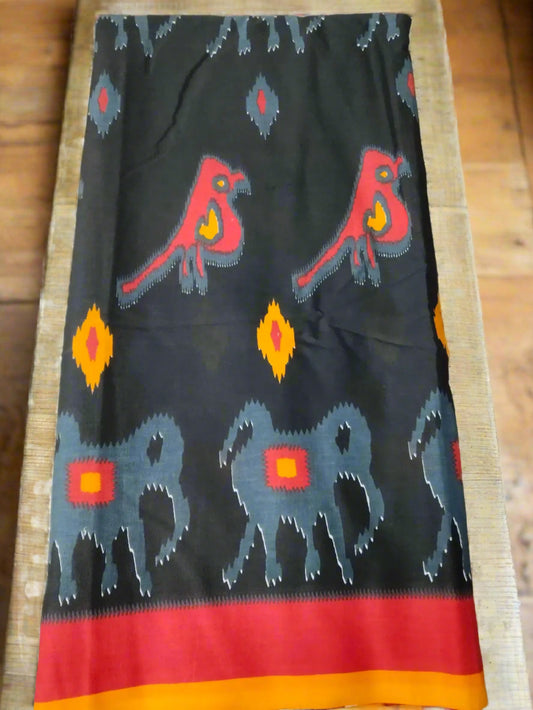 Black & Red Handloom Mul Cotton Ajrakh Saree