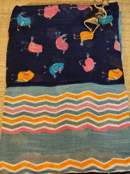 Navy & Light Blue Organic Linen Saree