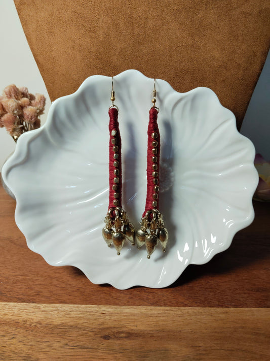 Maroon Thread & Brass Tribal Earrings