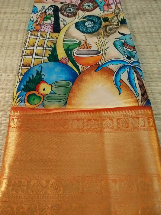 Yellow Banarasi Silk Digital Kalamkari Print Saree