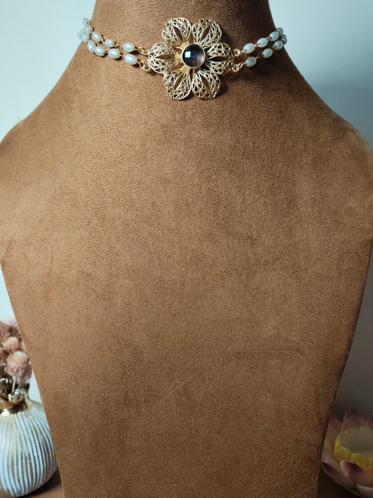 Wine Bead & Pearl Gold Tone Choker