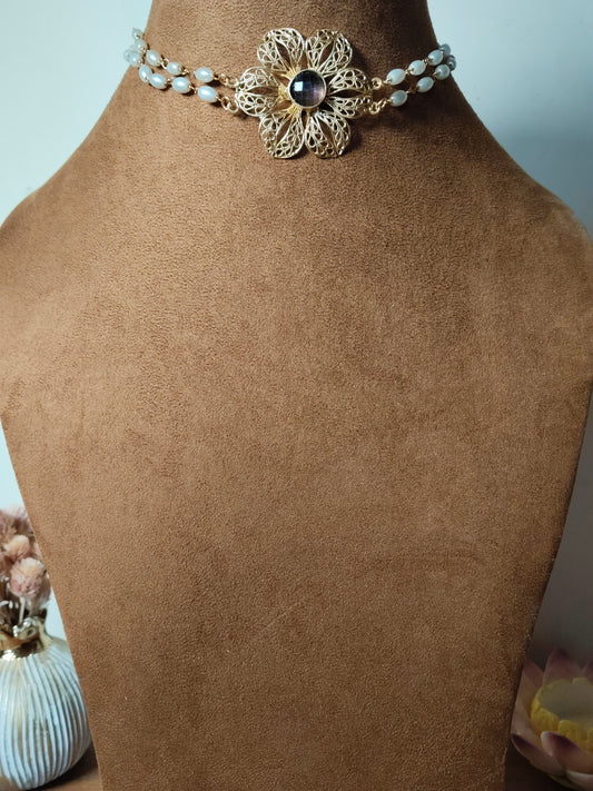 Wine Bead & Pearl Gold Tone Choker
