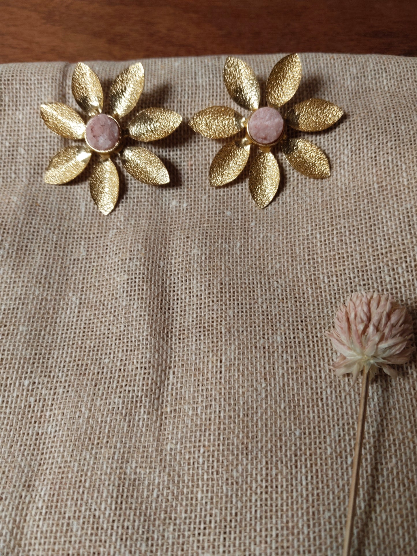 Light Pink Druzy Textured Gold Floral Studs