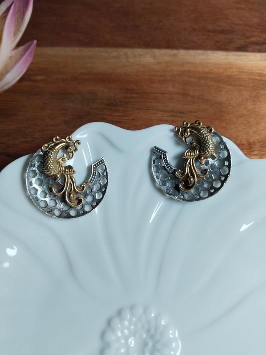 Oxidised Gold & Silver Dual Tone Peacock Design Studs