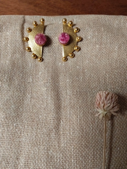 Dark Pink Druzy & Textured Gold Semicircle Studs