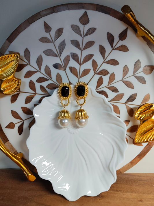18K Gold Plated Black & Pearl Bead Drop Earrings