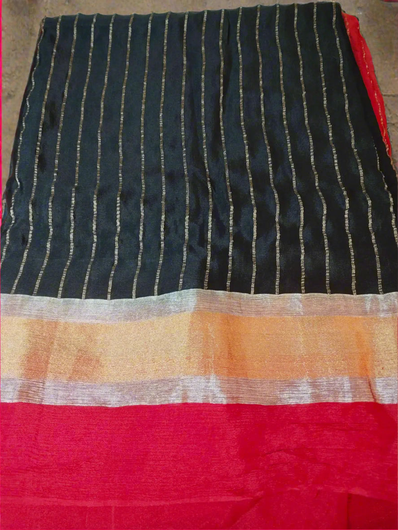 Black & Maroon Banarasi Crushed Crepe Silk Saree
