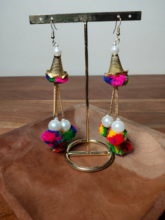 Multi Color Layered Tassel Pom-Pom Earrings