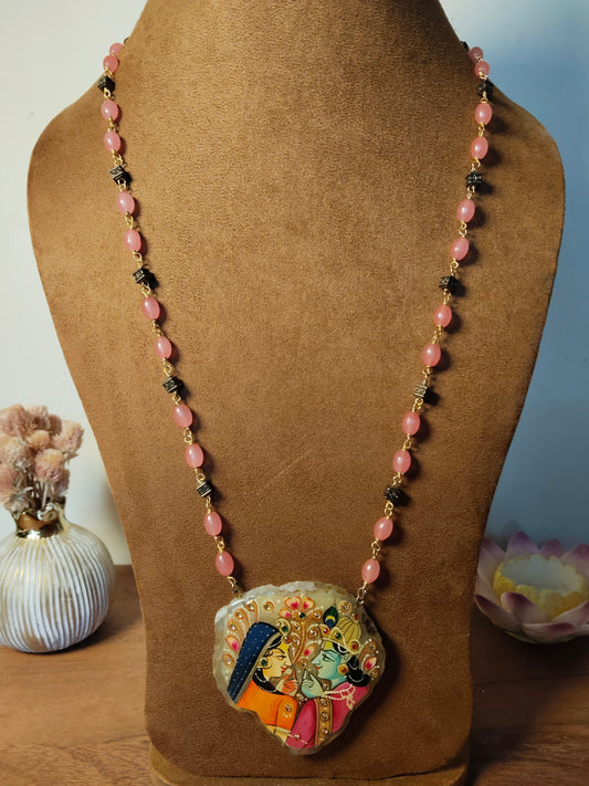 Lord Krishna Radha Handpainted Agate Pendant with Pink Beaded Chain