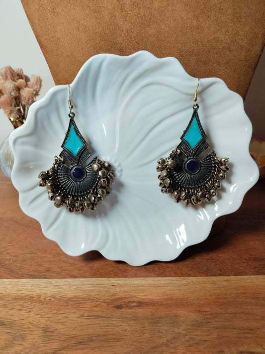 Light & Dark Blue Oxidised Gold Tone Ghungroo Chandbali Earrings