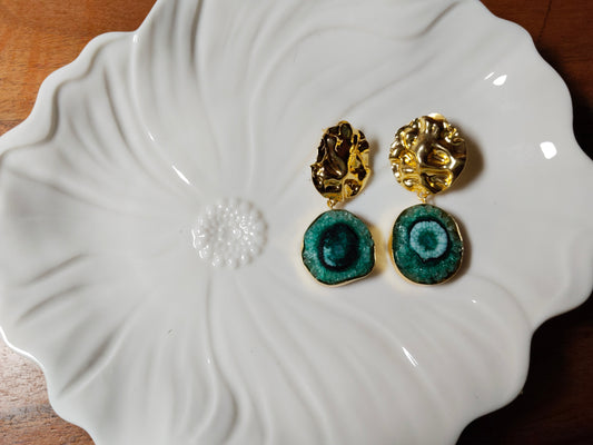 Green Agate Stone Gold Polished Earrings