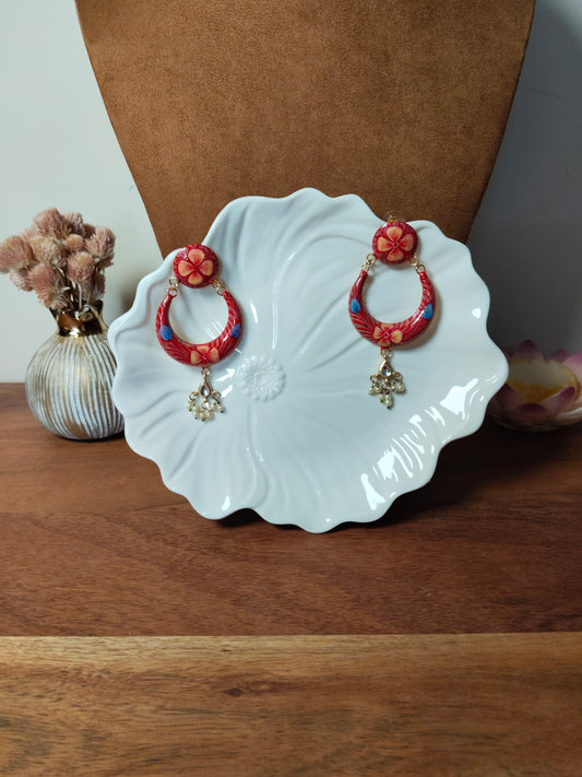 Red Handpainted Flower Pattern Earrings