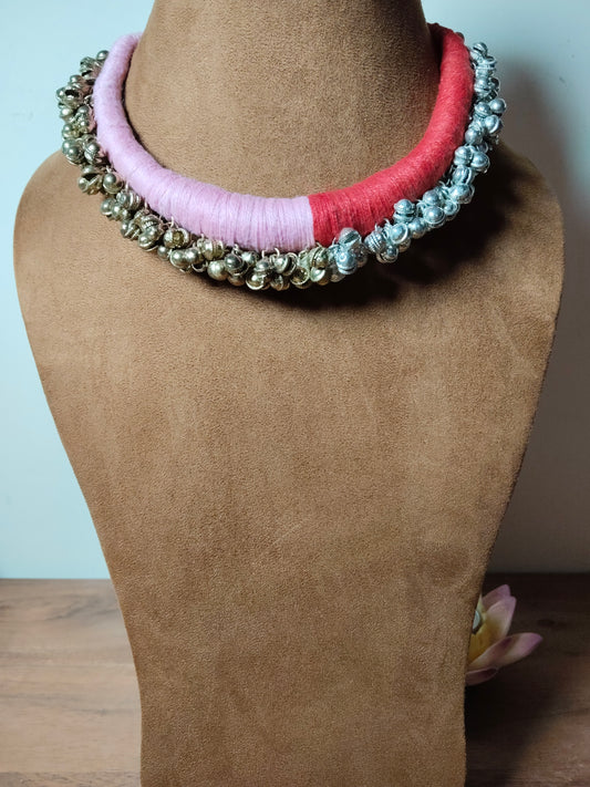Red & Pink Threaded Tribal Ghungroo Necklace